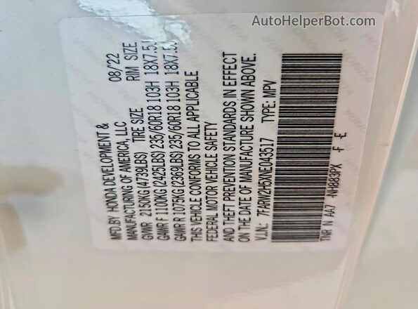 7FARW2H5XNE043517 2022 HONDA CR-V White Widok naklejki z numerem VIN