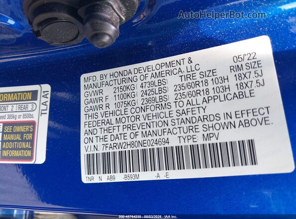 7FARW2H80NE024694 2022 HONDA CR-V Blue ძრავის განყოფილების ხედი