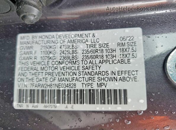 7FARW2H81NE034828 2022 HONDA CR-V Gray VIN sticker view