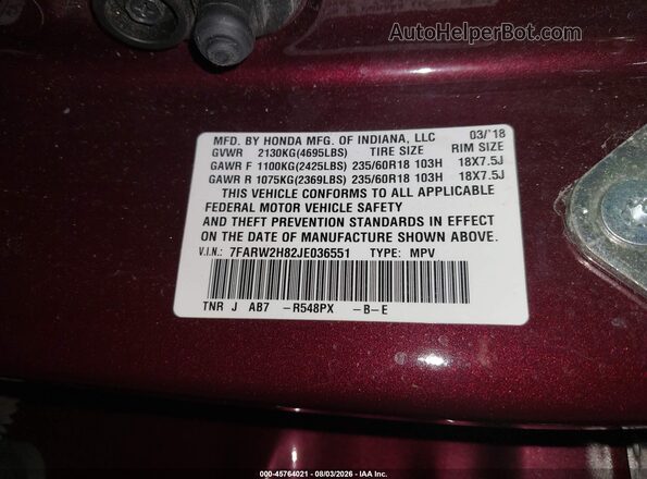 7FARW2H82JE036551 2018 HONDA CR-V Purple Engine compartment view