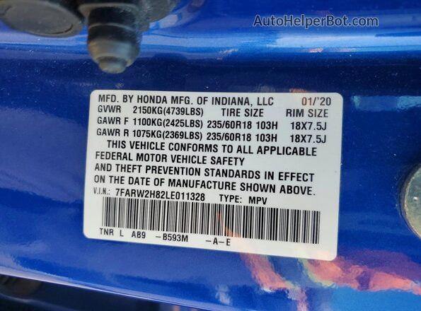7FARW2H82LE011328 2020 HONDA CR-V Blue Вид наклейки з VIN-кодом