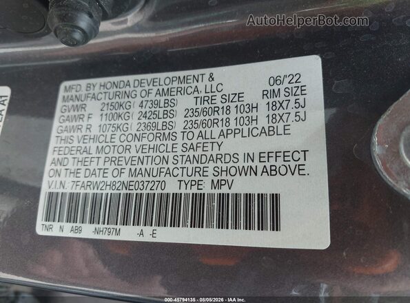 7FARW2H82NE037270 2022 HONDA CR-V Gray Вид підкапотного простору