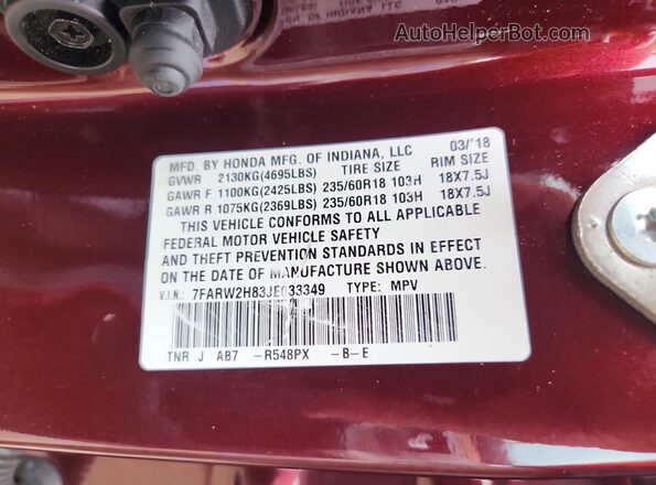7FARW2H83JE033349 2018 HONDA CR-V Red VIN კოდის სტიკერის ხედი
