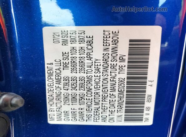 7FARW2H83ME025062 2021 HONDA CR-V Blue Vista de la etiqueta del VIN