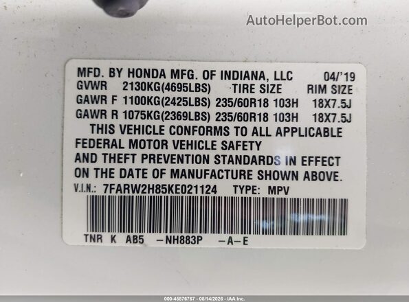 7FARW2H85KE021124 2019 HONDA CR-V White Vista del compartimento del motor