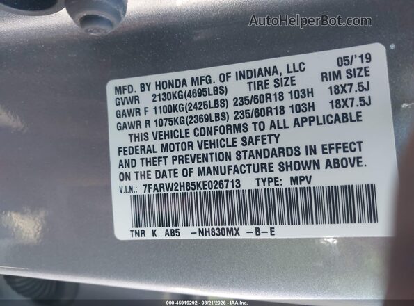 7FARW2H85KE026713 2019 HONDA CR-V Silver Vista del compartimento del motor