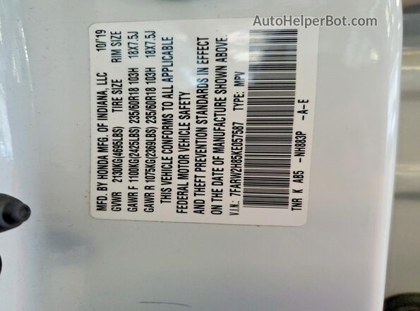 7FARW2H85KE057587 2019 HONDA CR-V White Widok wnętrza 360 stopni