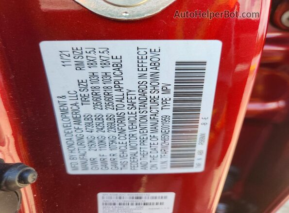7FARW2H85NE001959 2022 HONDA CR-V Red Շարժիչի բաժամունքի տեսք