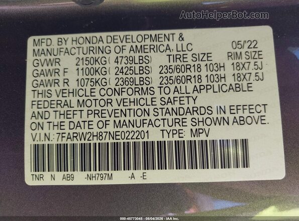 7FARW2H87NE022201 2022 HONDA CR-V Gray Շարժիչի բաժամունքի տեսք