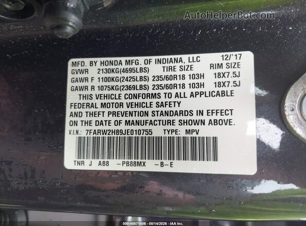 7FARW2H89JE010755 2018 HONDA CR-V Gray Widok komory silnika