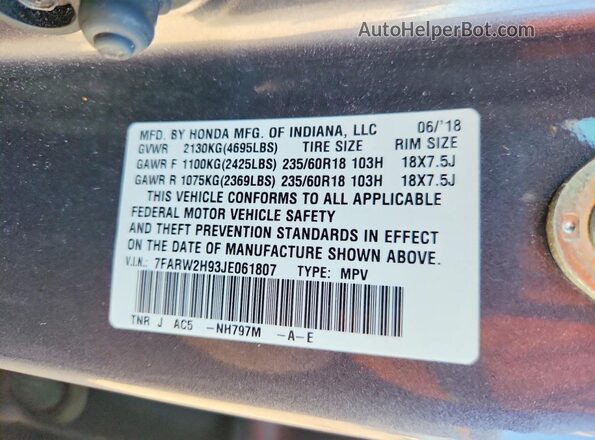 7FARW2H93JE061807 2018 HONDA CR-V Gray Vista de la etiqueta del VIN