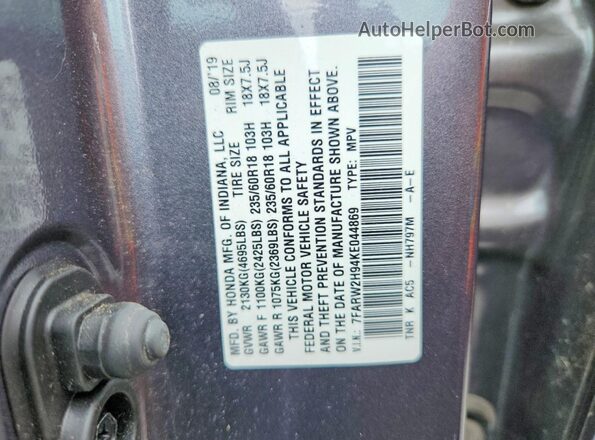 7FARW2H94KE044869 2019 HONDA CR-V Gray Vista de la etiqueta del VIN