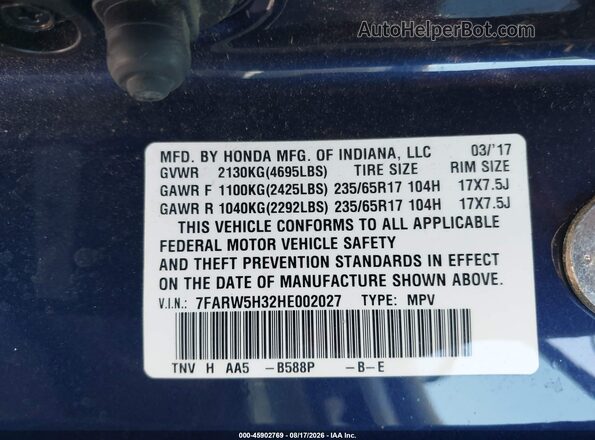 7FARW5H32HE002027 2017 HONDA CR-V Blue Engine compartment view