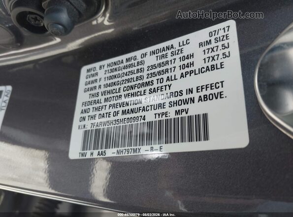 7FARW5H35HE009974 2017 HONDA CR-V Gray Vista del compartimento del motor