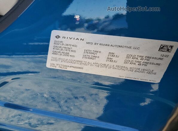 7FCTGAAA4PN000693 2023 RIVIAN R1T Синий Вид подкапотного пространства