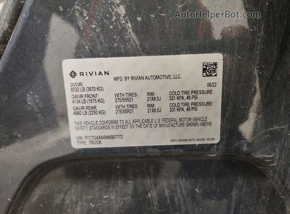 7FCTGAAA6NN007772 2022 RIVIAN R1T Gray Вид наклейки з VIN-кодом