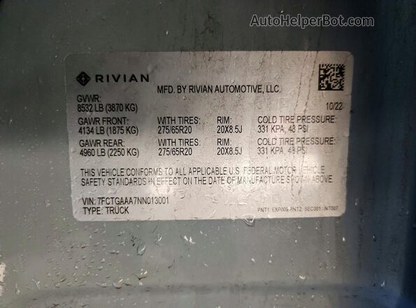 7FCTGAAA7NN013001 2022 RIVIAN R1T Серый Вид наклейки с VIN-кодом