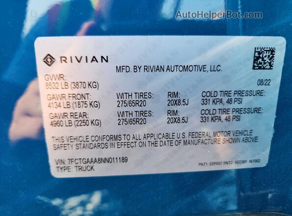 7FCTGAAA8NN011189 2022 RIVIAN R1T Blue VIN კოდის სტიკერის ხედი