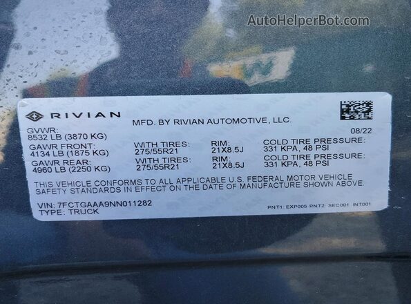 7FCTGAAA9NN011282 2022 RIVIAN R1T Gray Շարժիչի բաժամունքի տեսք