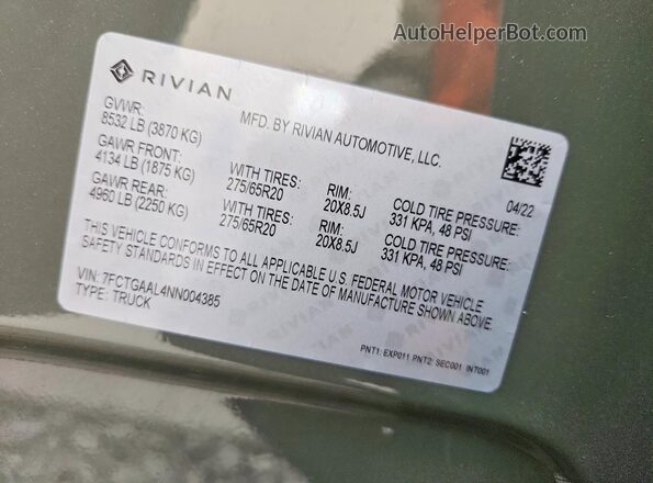 7FCTGAAL4NN004385 2022 RIVIAN R1T Green Engine compartment view