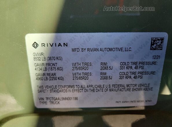 7FCTGAAL5NN001186 2022 RIVIAN R1T Green VIN sticker view