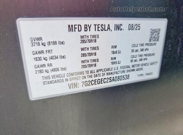 7G2CEGEC2SA080538 2025 TESLA CYBERTRUCK Orange Widok naklejki z numerem VIN