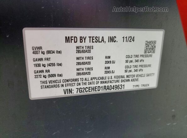 7G2CEHED1RA049631 2024 TESLA CYBERTRUCK Red Widok naklejki z numerem VIN