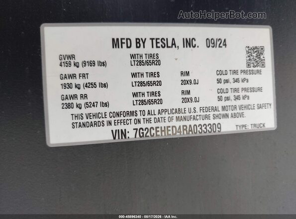 7G2CEHED4RA033309 2024 TESLA CYBERTRUCK Black Engine compartment view