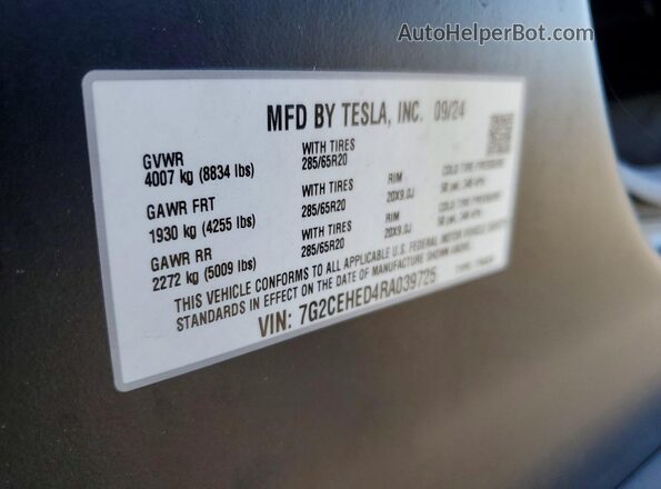 7G2CEHED4RA039725 2024 TESLA CYBERTRUCK Black Widok naklejki z numerem VIN