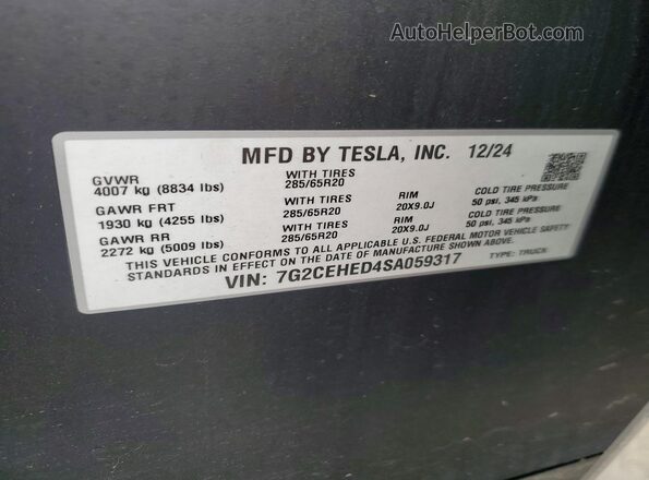 7G2CEHED4SA059317 2025 TESLA CYBERTRUCK Silver Vista de la etiqueta del VIN