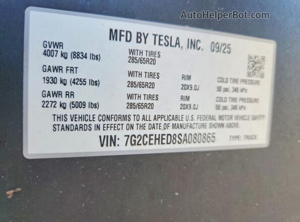7G2CEHED8SA080865 2025 TESLA CYBERTRUCK Серебряный Вид наклейки с VIN-кодом