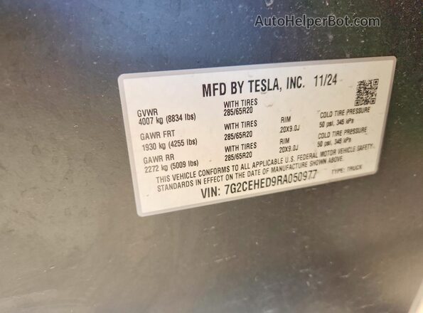 7G2CEHED9RA050977 2024 TESLA CYBERTRUCK Серебряный Вид наклейки с VIN-кодом