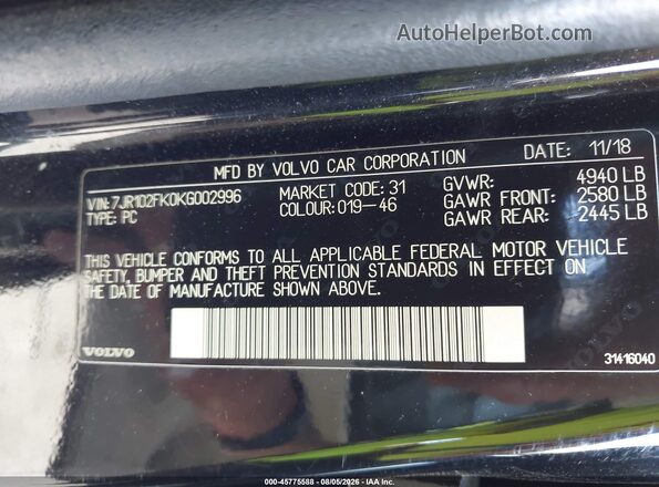 7JR102FK0KG002996 2019 VOLVO S60 Black Widok komory silnika