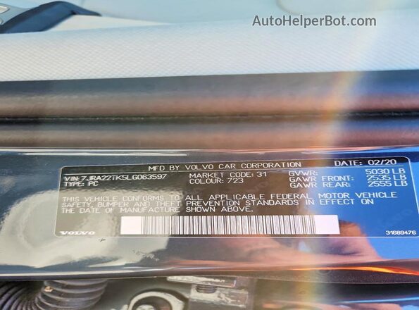 7JRA22TK5LG063597 2020 VOLVO S60 Blue Widok naklejki z numerem VIN