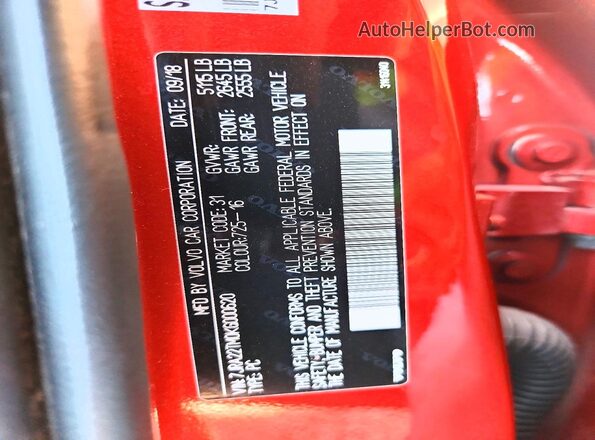 7JRA22TM0KG000620 2019 VOLVO S60 Red Vista de la etiqueta del VIN