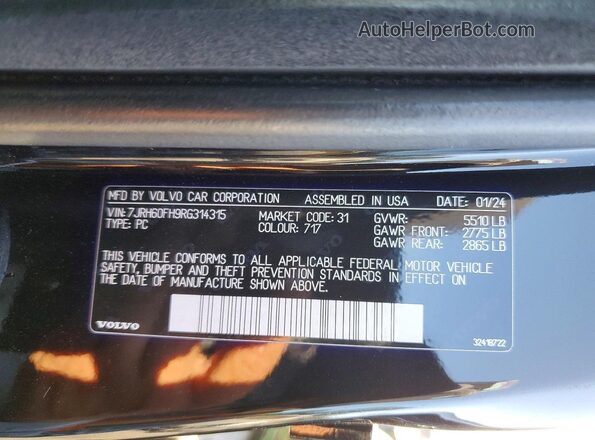 7JRH60FH9RG314315 2024 VOLVO S60 Black Вид наклейки з VIN-кодом