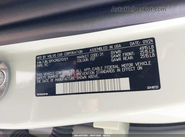 7JRL12FK2RG313121 2024 VOLVO S60 White Вид підкапотного простору