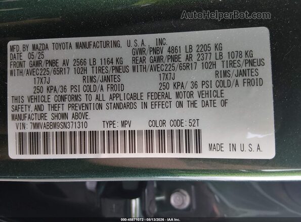 7MMVABBM9SN371310 2025 MAZDA CX-5 Green Շարժիչի բաժամունքի տեսք