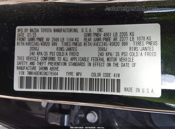 7MMVABEM5SN376564 2025 MAZDA CX-5 Black Вид підкапотного простору