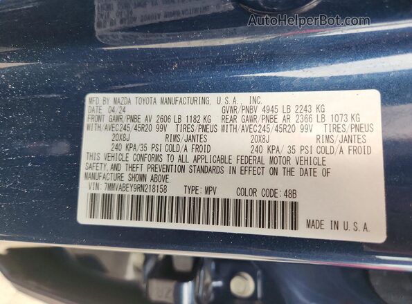 7MMVABEY9RN218158 2024 MAZDA CX-5 Blue Панорамний вид салону 360°