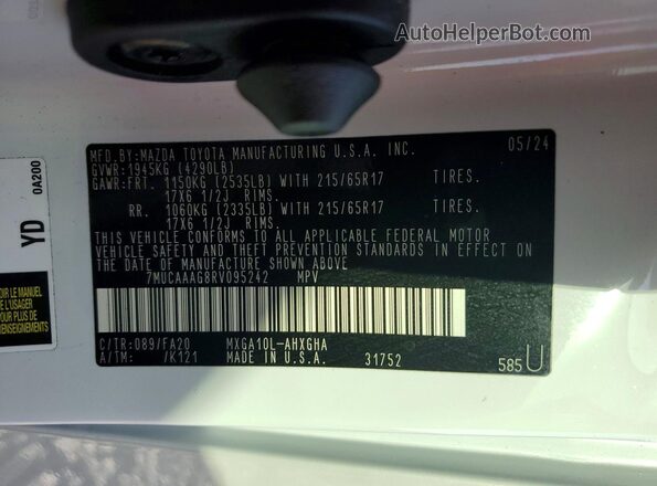 7MUCAAAG8RV095242 2024 TOYOTA COROLLA White VIN sticker view
