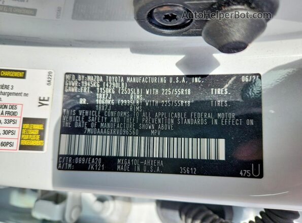 7MUDAAAGXRV096560 2024 TOYOTA COROLLA White VIN კოდის სტიკერის ხედი
