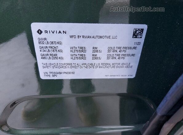 7PDSGABA1PN030162 2023 RIVIAN R1S Green VIN sticker view