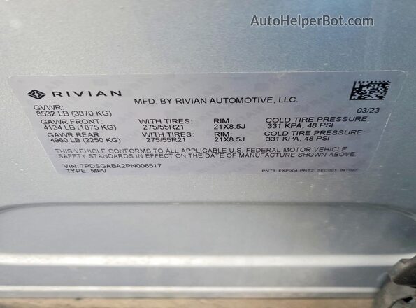 7PDSGABA2PN006517 2023 RIVIAN R1S Серебряный Вид наклейки с VIN-кодом