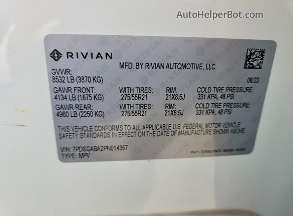 7PDSGABA2PN014357 2023 RIVIAN R1S White VIN კოდის სტიკერის ხედი