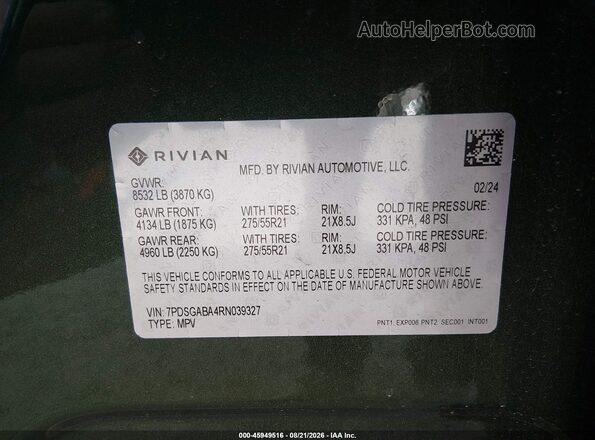 7PDSGABA4RN039327 2024 RIVIAN R1S Green Engine compartment view