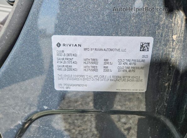 7PDSGABA8PN010149 2023 RIVIAN R1S Gray Вид наклейки з VIN-кодом