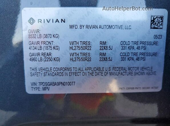 7PDSGABA9PN010077 2023 RIVIAN R1S Gray 360 interior view