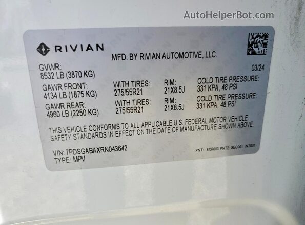 7PDSGABAXRN043642 2024 RIVIAN R1S White VIN sticker view