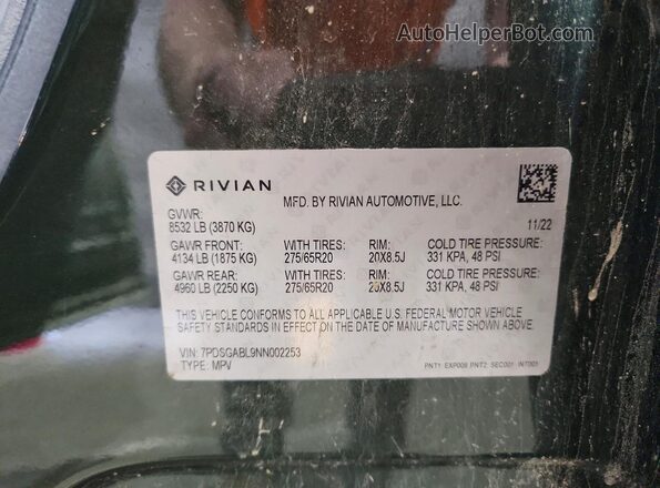 7PDSGABL9NN002253 2022 RIVIAN R1S Зеленый Вид наклейки с VIN-кодом